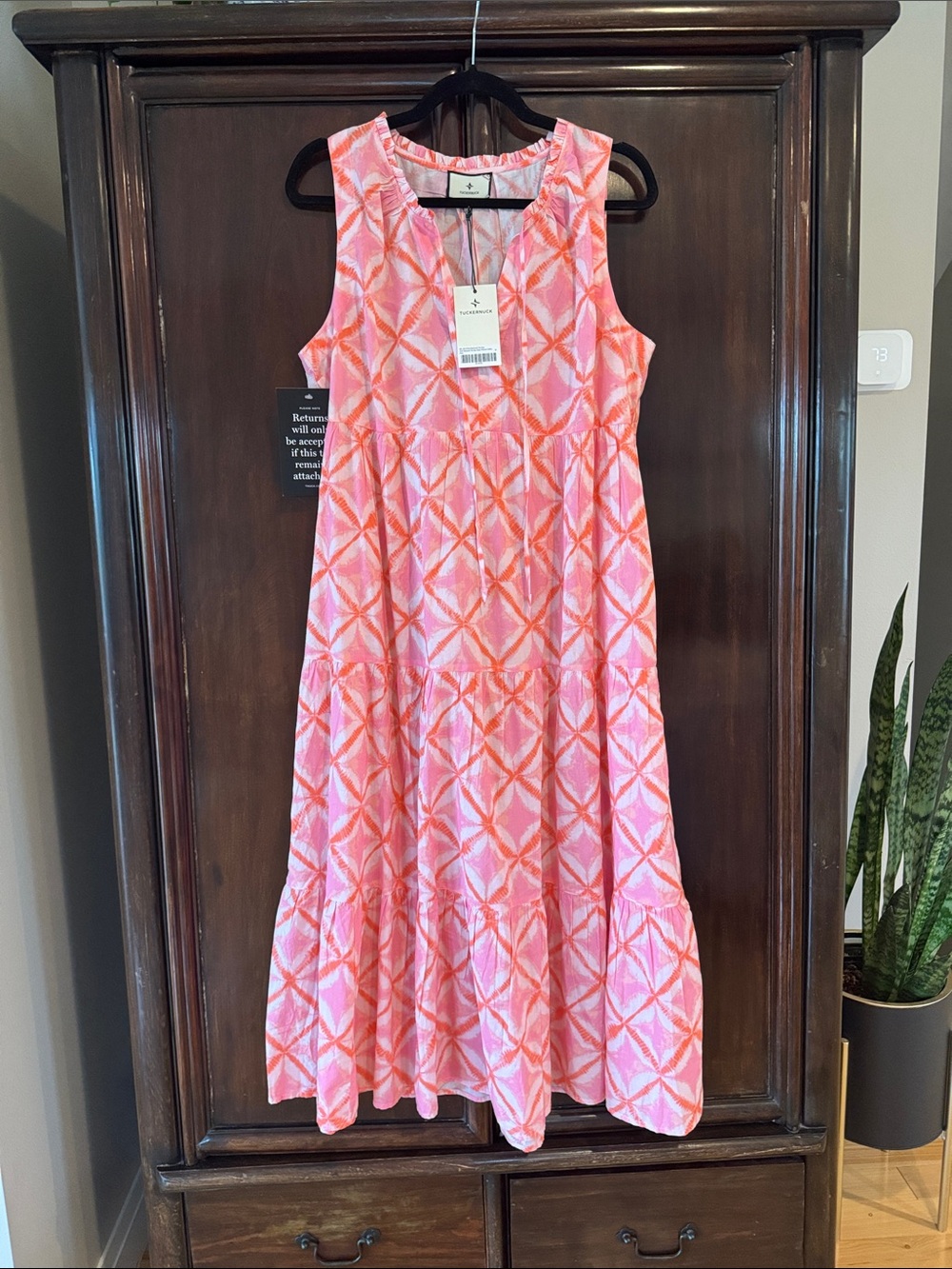 Tuckernuck Pink and Coral Geometric Tiered Maxi Dress